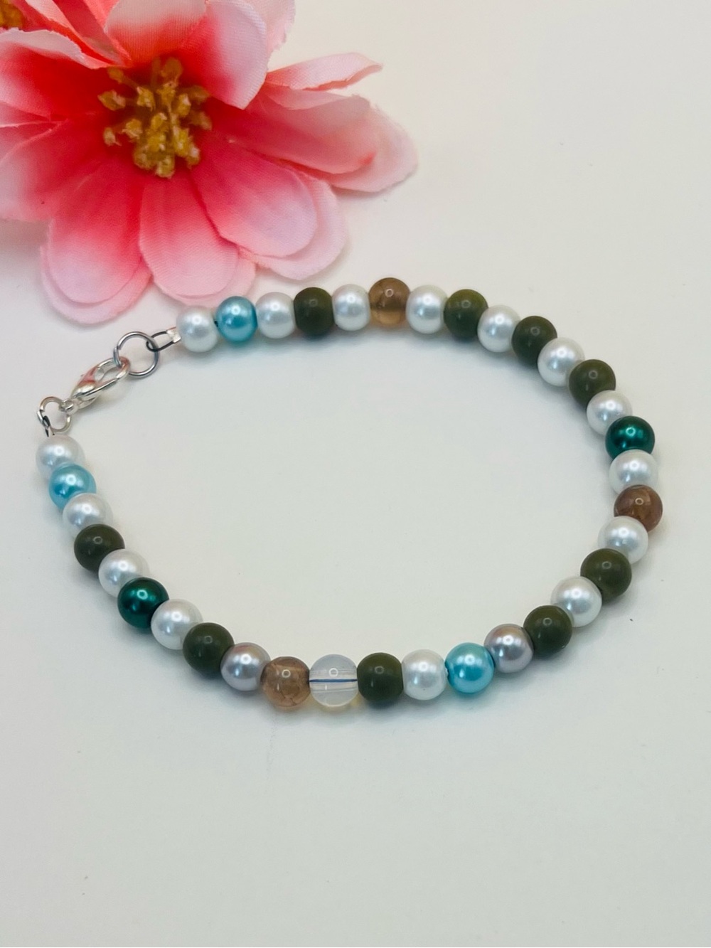 Multicolor Pearl & Bead Braceletii — Green, Teal & White